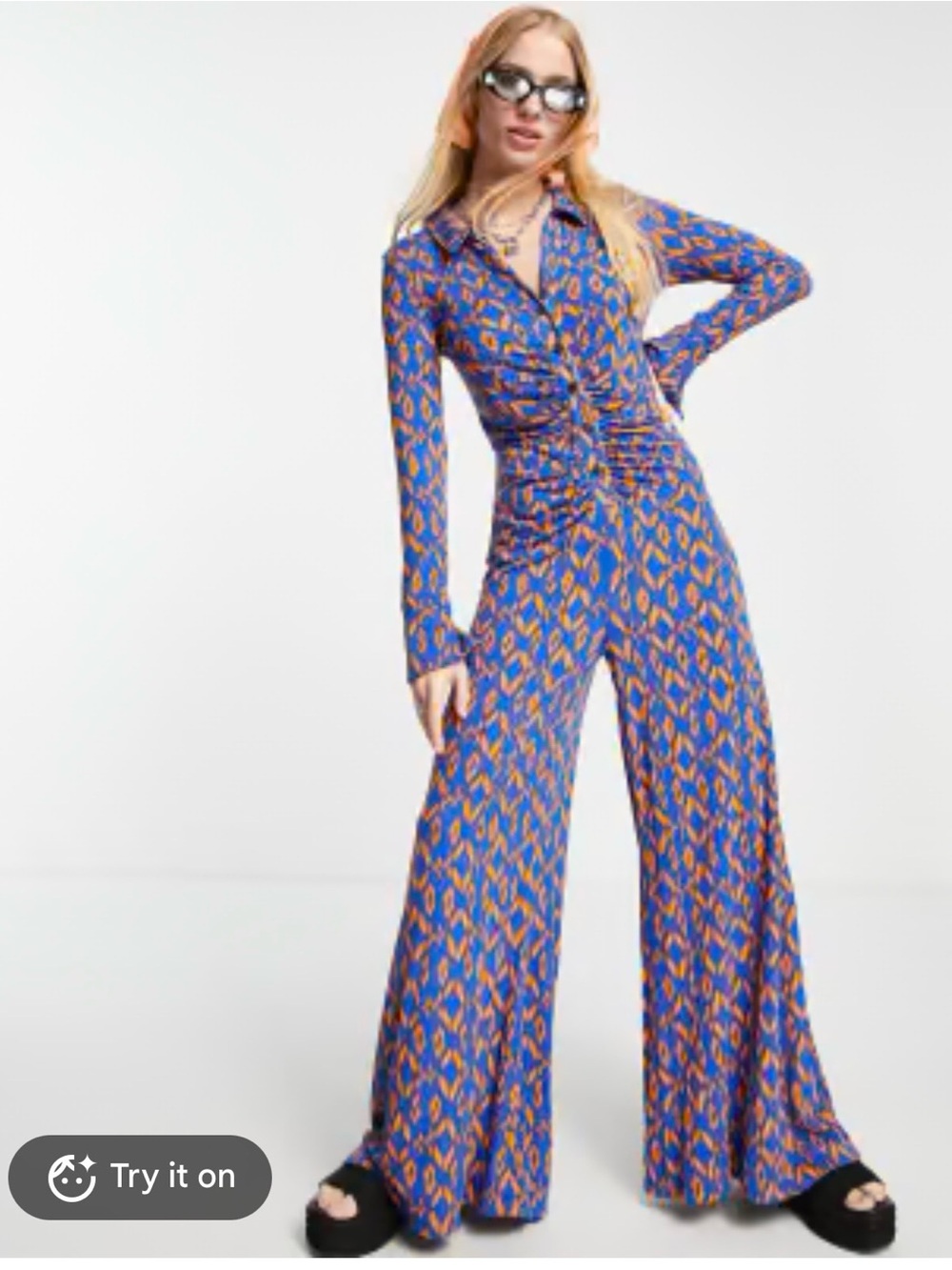 Free People Blue & Orange Geo-Print Wide-Leg Jumpsuit